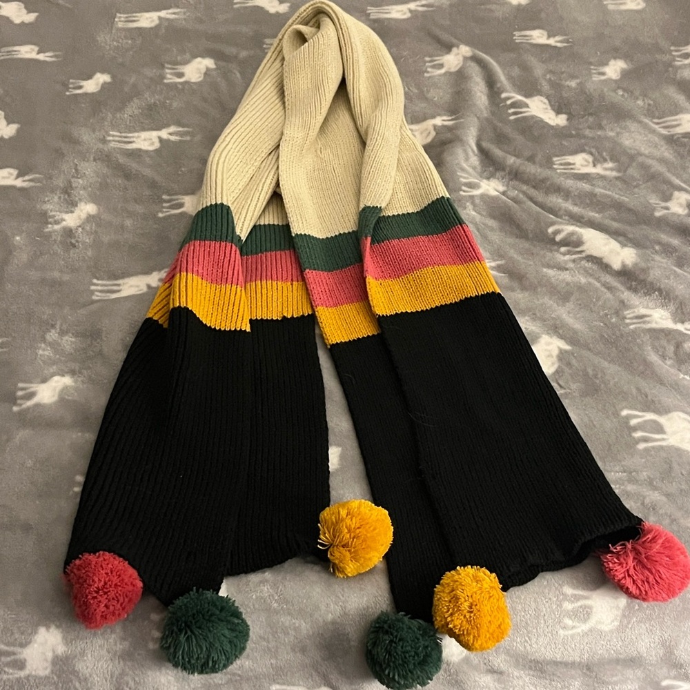 Rock Flower Paper Striped Scarf with Pom Poms NWT